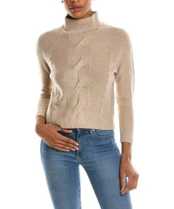 women Qi Cashmere Cable Mock Neck Wool & Cashmere-Blend Sweater
