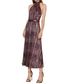 ML Monique Lhuillier Womens Metallic Midi Evening Dress