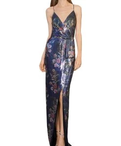 ML Monique Lhuillier Womens Sequin Floral Evening Dress