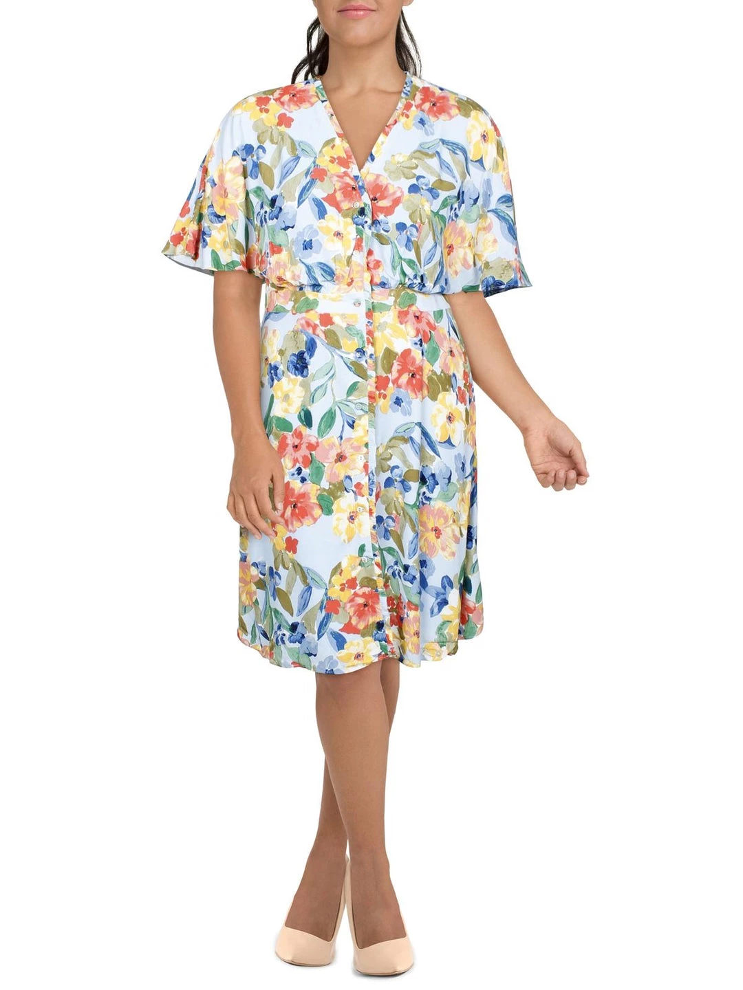 Maggy London Womens Floral Print Ruffled Fit & Flare Dress