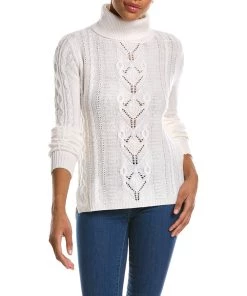 women Qi Cashmere Cable Stitch Turtleneck Wool & Cashmere-Blend Sweater