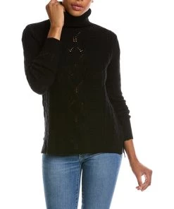 women Qi Cashmere Cable Stitch Turtleneck Wool & Cashmere-Blend Sweater