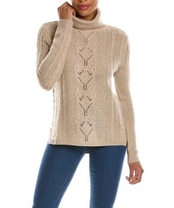 women Qi Cashmere Cable Stitch Turtleneck Wool & Cashmere-Blend Sweater